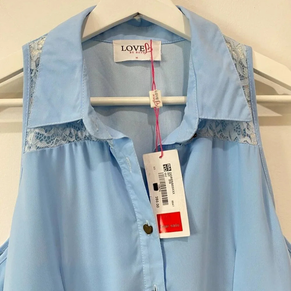 Love By Bayo Women's Med Blue Lace Fitted Flare Dress in Baby Blue NWT Lined - Picture 3 of 16
